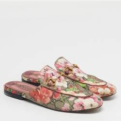 Pre Owned Gucci Size 37 Multicolor Blooms Printed GG Canvas Princetown Mules
