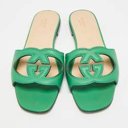 Pre Owned صندل سلايد غوتشي جلد أخضر متشابك G قطع بمقاس 38.5