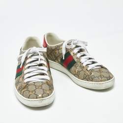 Pre Owned Gucci Ace Size 36 Beige Coated Canvas and Python Embossed Leather Lace Up Sneakers