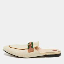 Pre Owned Gucci Princetown Size 41 Cream Canvas Web Horsebit Flat Mules