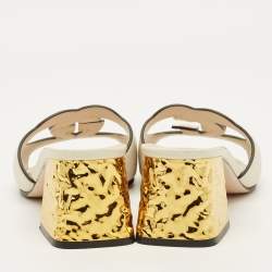 Pre Owned صندل سلايد غوتشي جلد كريمي مزين هورسبيت كعب مربع سميك مقاس 38