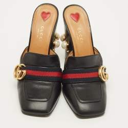 Pre Owned Gucci GG Web Size 38 Black Leather Mules