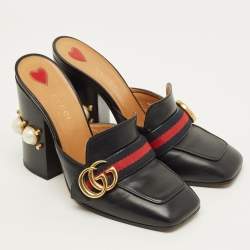Pre Owned Gucci GG Web Size 38 Black Leather Mules