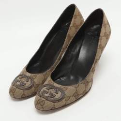 Pre Owned Gucci Interlocking G Size 37.5 Beige Canvas and Leather Pumps