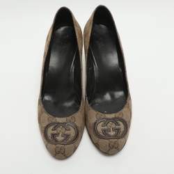 Pre Owned Gucci Interlocking G Size 37.5 Beige Canvas and Leather Pumps