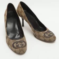 Pre Owned Gucci Interlocking G Size 37.5 Beige Canvas and Leather Pumps