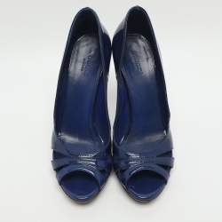 Pre Owned Gucci Bamboo Size 37 Blue Patent Leather Peep Toe Pumps