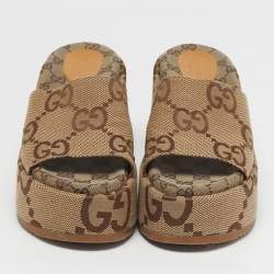 Pre Owned Gucci Size 39.5 Beige/Brown Jumbo GG Canvas Platform Slide Sandals