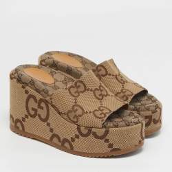 Pre Owned Gucci Size 39.5 Beige/Brown Jumbo GG Canvas Platform Slide Sandals