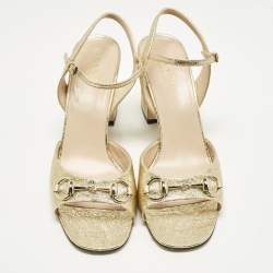 Pre Owned صندل كعب كتلة مع حزام كاحل جلد غوتشي GG ذهبي متلألئ مقاس 36