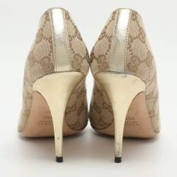 Pre Owned حذاء كعب عالي غوتشي قماش وجلد بيج/ذهبي مزين حلقة حرف دي مقاس 35