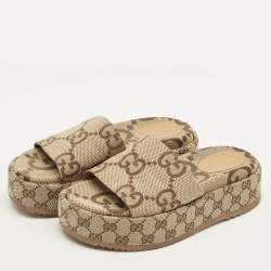 Pre Owned Gucci Maxi Size 38 Beige/Brown GG Canvas Platform Slide Sandals