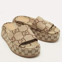 Pre Owned Gucci Maxi Size 38 Beige/Brown GG Canvas Platform Slide Sandals
