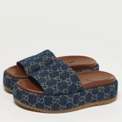 Pre Owned Gucci Size 38.5 Navy Blue GG Denim Platform Slide Sandals