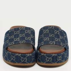 Pre Owned Gucci Size 38.5 Navy Blue GG Denim Platform Slide Sandals