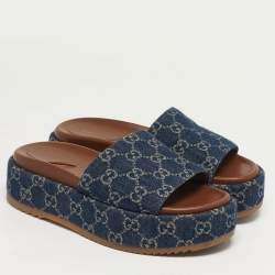 Pre Owned Gucci Size 38.5 Navy Blue GG Denim Platform Slide Sandals