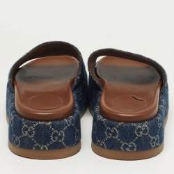 Pre Owned Gucci Size 38.5 Navy Blue GG Denim Platform Slide Sandals