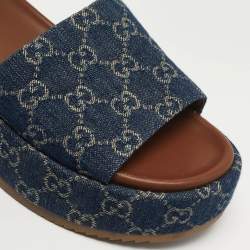 Pre Owned Gucci Size 38.5 Navy Blue GG Denim Platform Slide Sandals