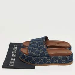 Pre Owned Gucci Size 38.5 Navy Blue GG Denim Platform Slide Sandals