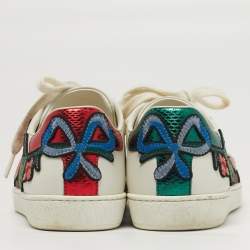 Pre Owned حذاء رياضي غوتشي منخفض من أعلى مطرز بالورود جلد أبيض مقاس 35