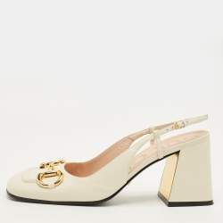 مملوكة مسبقًا Gucci Horsebit Size 39 White Leather Block Heel Slingback Pumps