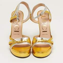 مملوكة مسبقًا Gucci Alison Size 38.5 Silver/Gold Leather Platform Ankle Strap Sandals
