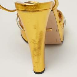 مملوكة مسبقًا Gucci Alison Size 38.5 Silver/Gold Leather Platform Ankle Strap Sandals