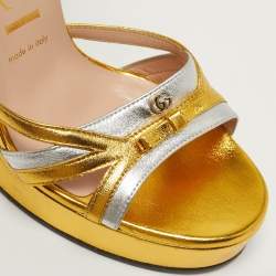 مملوكة مسبقًا Gucci Alison Size 38.5 Silver/Gold Leather Platform Ankle Strap Sandals