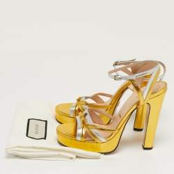 مملوكة مسبقًا Gucci Alison Size 38.5 Silver/Gold Leather Platform Ankle Strap Sandals