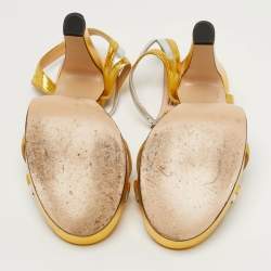 مملوكة مسبقًا Gucci Alison Size 38.5 Silver/Gold Leather Platform Ankle Strap Sandals