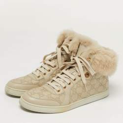 Pre Owned Gucci Guccissima Size 41 Cream Fur and Leather High Top Sneakers