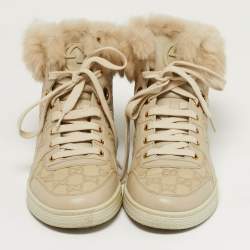 Pre Owned Gucci Guccissima Size 41 Cream Fur and Leather High Top Sneakers