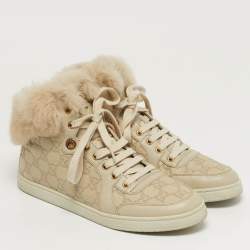 Pre Owned Gucci Guccissima Size 41 Cream Fur and Leather High Top Sneakers