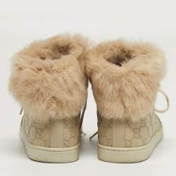 Pre Owned Gucci Guccissima Size 41 Cream Fur and Leather High Top Sneakers