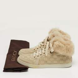 Pre Owned Gucci Guccissima Size 41 Cream Fur and Leather High Top Sneakers
