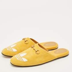 Pre Owned Gucci Trefoil Size 42 Yellow Leather and Suede Flat Mules