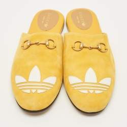 Pre Owned Gucci Trefoil Size 42 Yellow Leather and Suede Flat Mules