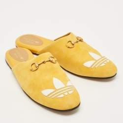 Pre Owned Gucci Trefoil Size 42 Yellow Leather and Suede Flat Mules