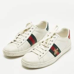 مملوكة مسبقًا حذاء رياضي غوتشي جلد أبيض ونقشة جلد الأفعى أربطة مقاس 36