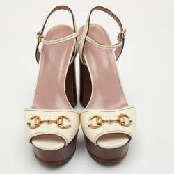 Pre Owned Gucci Horsebit Size 36 White Leather Ankle Strap Platform Sandals