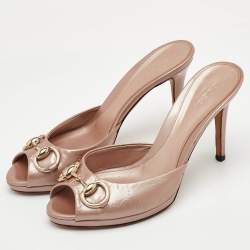 Pre Owned صندل سلايد غوتشي هورسبيت جوتشيسيما جلد لامع بيج مقاس 36.5