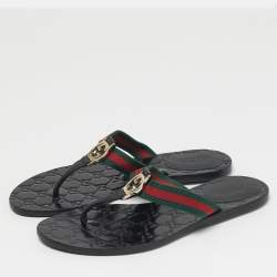 Pre Owned صندل فلات غووتشي جي جي قماش وكانفاس أسود ومقاس 38