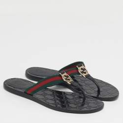 Pre Owned صندل فلات غووتشي جي جي قماش وكانفاس أسود ومقاس 38