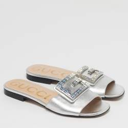 Pre Owned Gucci Madelyn Size 35.5 Silver Leather Flat Slide