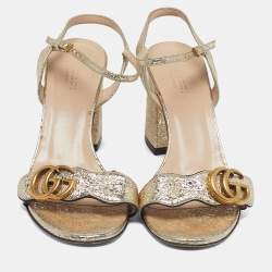 Pre Owned Gucci GG Marmont Size 37.5 Metallic Gold Foil Leather Ankle Strap Sandals