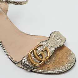 Pre Owned Gucci GG Marmont Size 37.5 Metallic Gold Foil Leather Ankle Strap Sandals