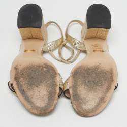Pre Owned Gucci GG Marmont Size 37.5 Metallic Gold Foil Leather Ankle Strap Sandals