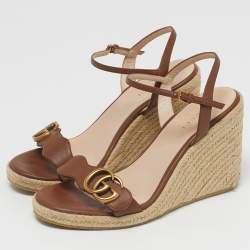 Pre Owned Gucci GG Marmont Size 36 Brown Leather Wedge Sandals