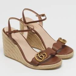 Pre Owned Gucci GG Marmont Size 36 Brown Leather Wedge Sandals