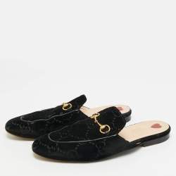 Pre Owned Gucci Princetown Size 41.5 Black GG Velvet Flat Mules